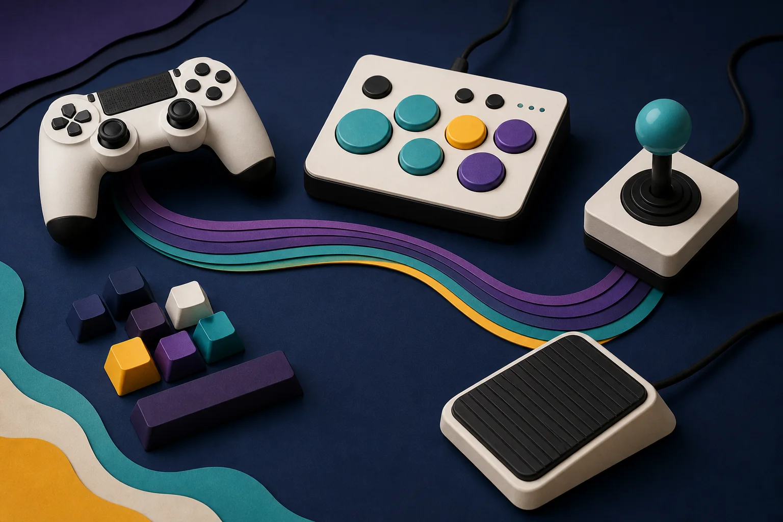 Sötétkék asztalon hagyományos kontroller, nagy gombos adaptálható vezérlőpanel, joystick, billentyűk és lábkapcsoló, közöttük türkiz, lila és sárga spektrumsávok futnak
